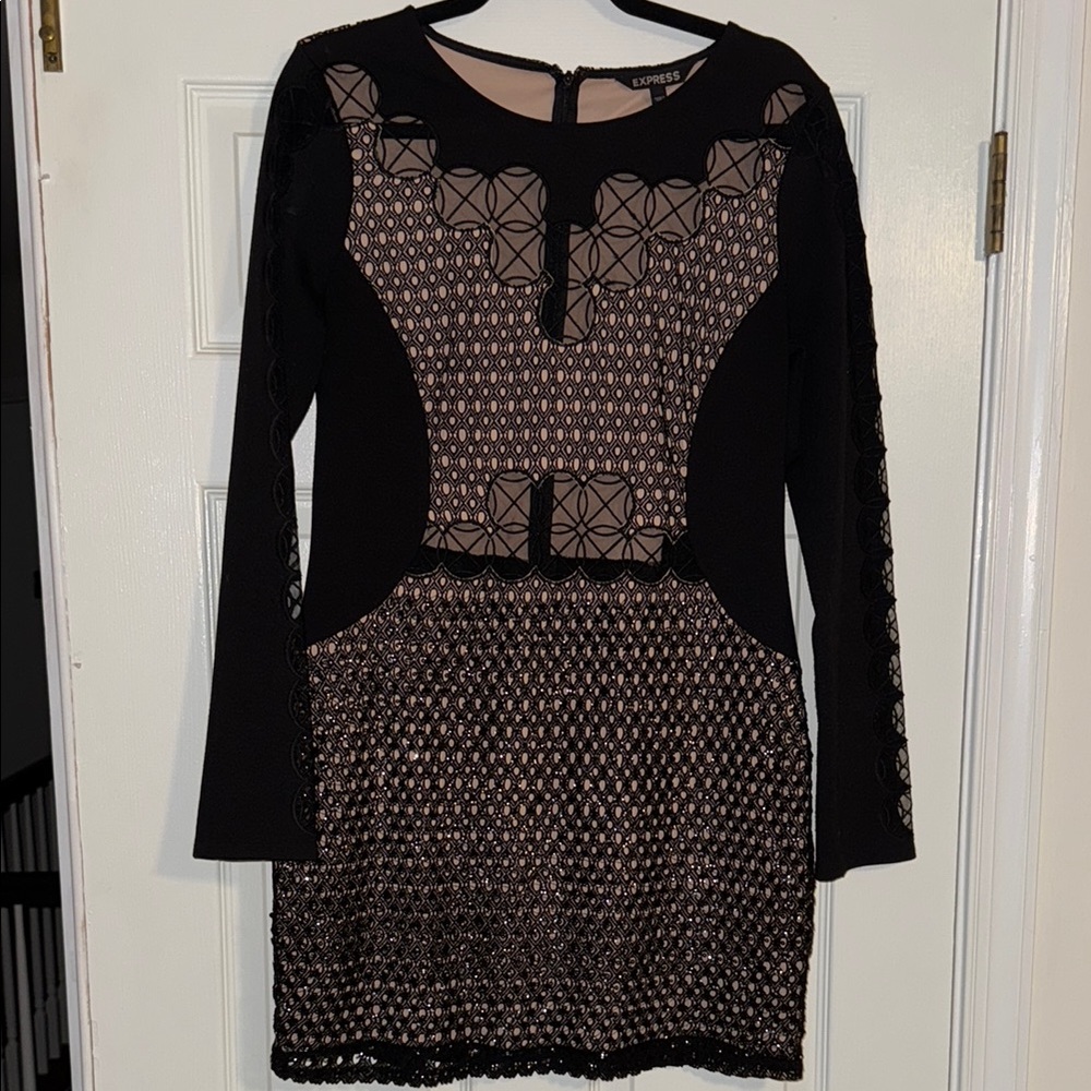 Express Black and Tan Sheath Dress Long Sleeve Cocktail